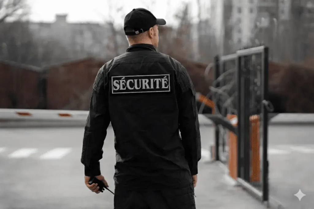 Agent de sécurité en poste surveillant son espace de travail avec talkie-walkie